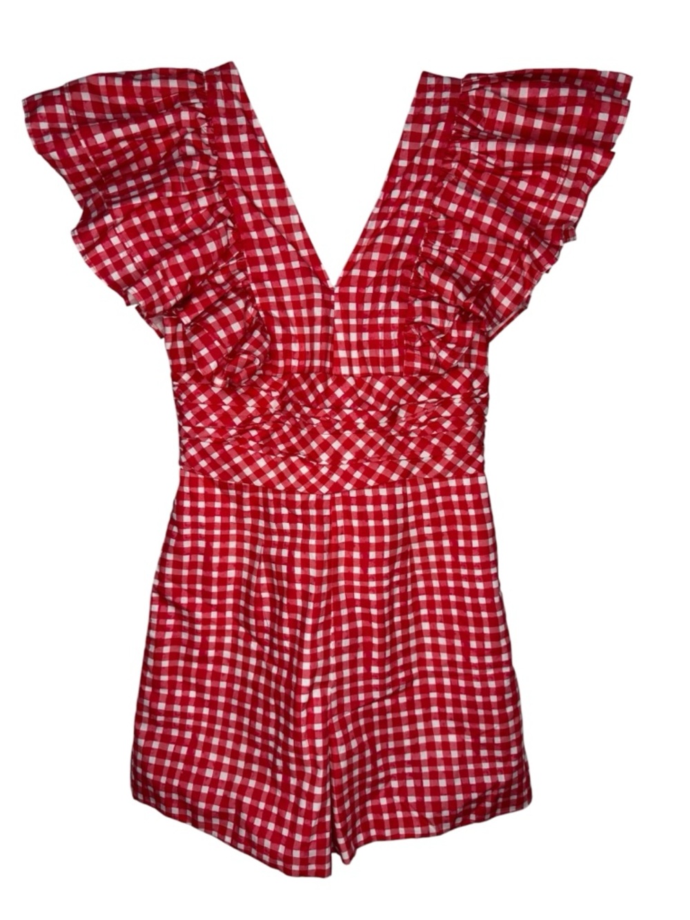 Anthropologie Hutch V-Neck Ruffle-Sleeve Romper Red Gingham Size 2